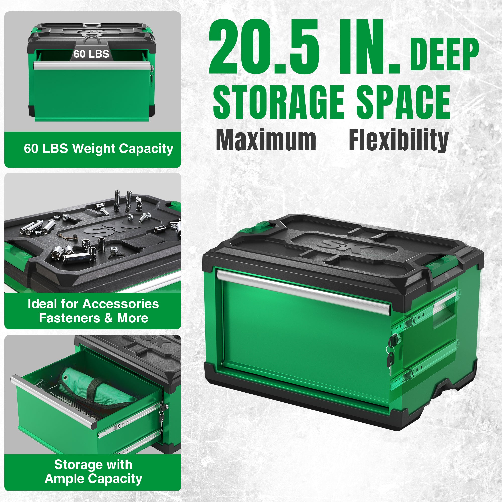 Modular Stackable Storage Toolbox by SK Tools USA in green with 20.5 inches deep storage space and 60 lbs weight capacity