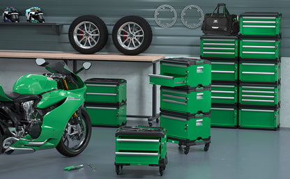 Green modular stackable storage toolbox by SK Tools USA with multiple drawers and wheels for easy mobility