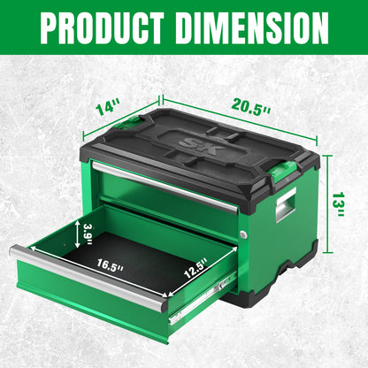 Green SK Tools USA, LLC modular stackable storage toolbox with two drawers and product dimensions displayed