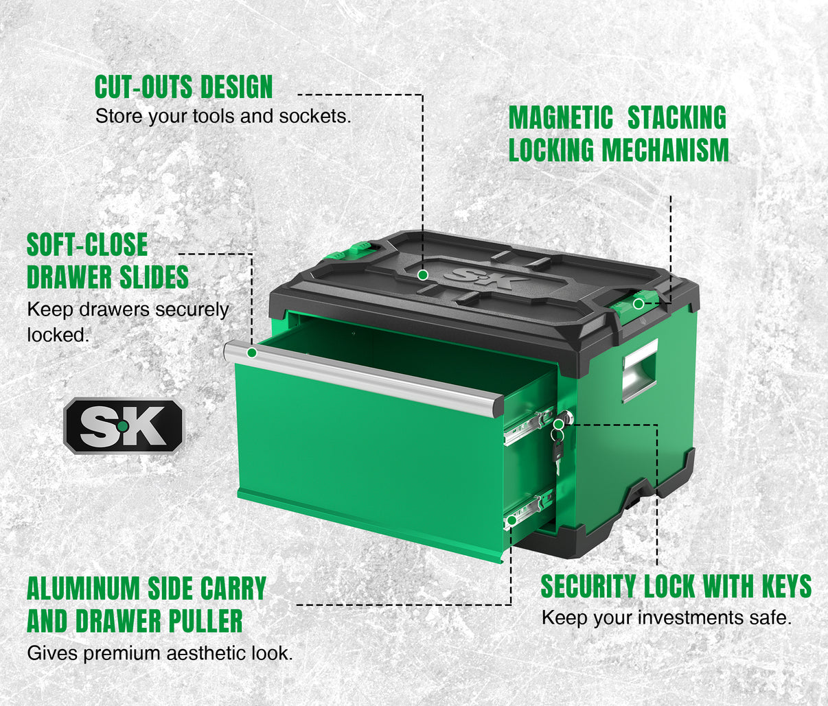 Modular Stackable Storage Toolbox, 2-Drawer by SK Tools USA, LLC in green with magnetic locking mechanism