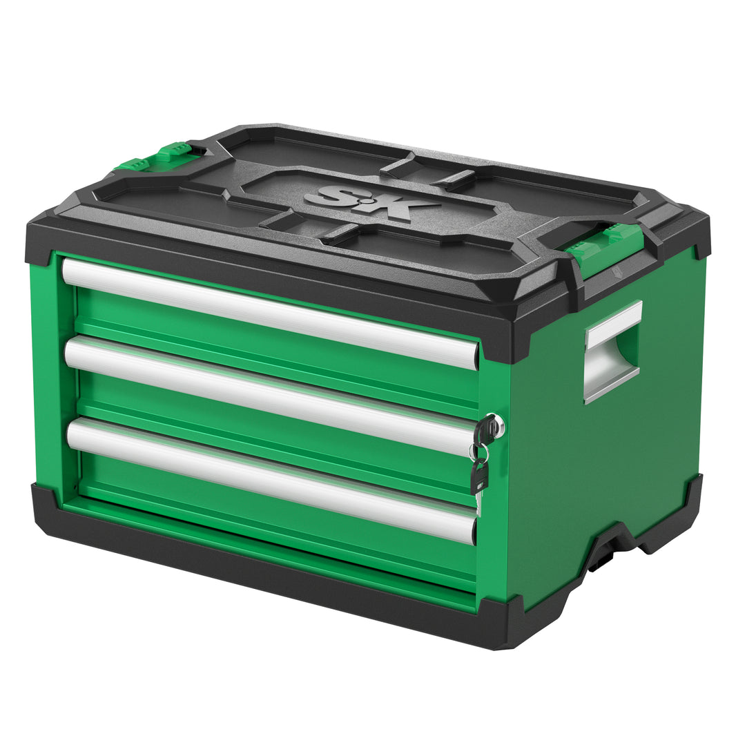 Modular Stackable Storage Toolbox by SK Tools USA, LLC in green with three drawers and a sturdy design