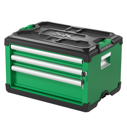 SK Tools USA Modular Stackable Storage Toolbox in green with 3 drawers: 2 shallow and 1 deep for versatile organization