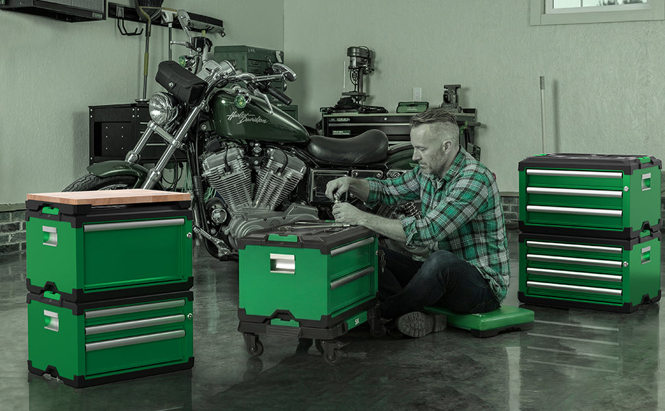 Modular Stackable Storage Toolbox by SK Tools USA, LLC, green with 3 drawers: 2 shallow, 1 deep