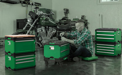 Modular Stackable Storage Toolbox by SK Tools USA, LLC, green with 3 drawers: 2 shallow, 1 deep