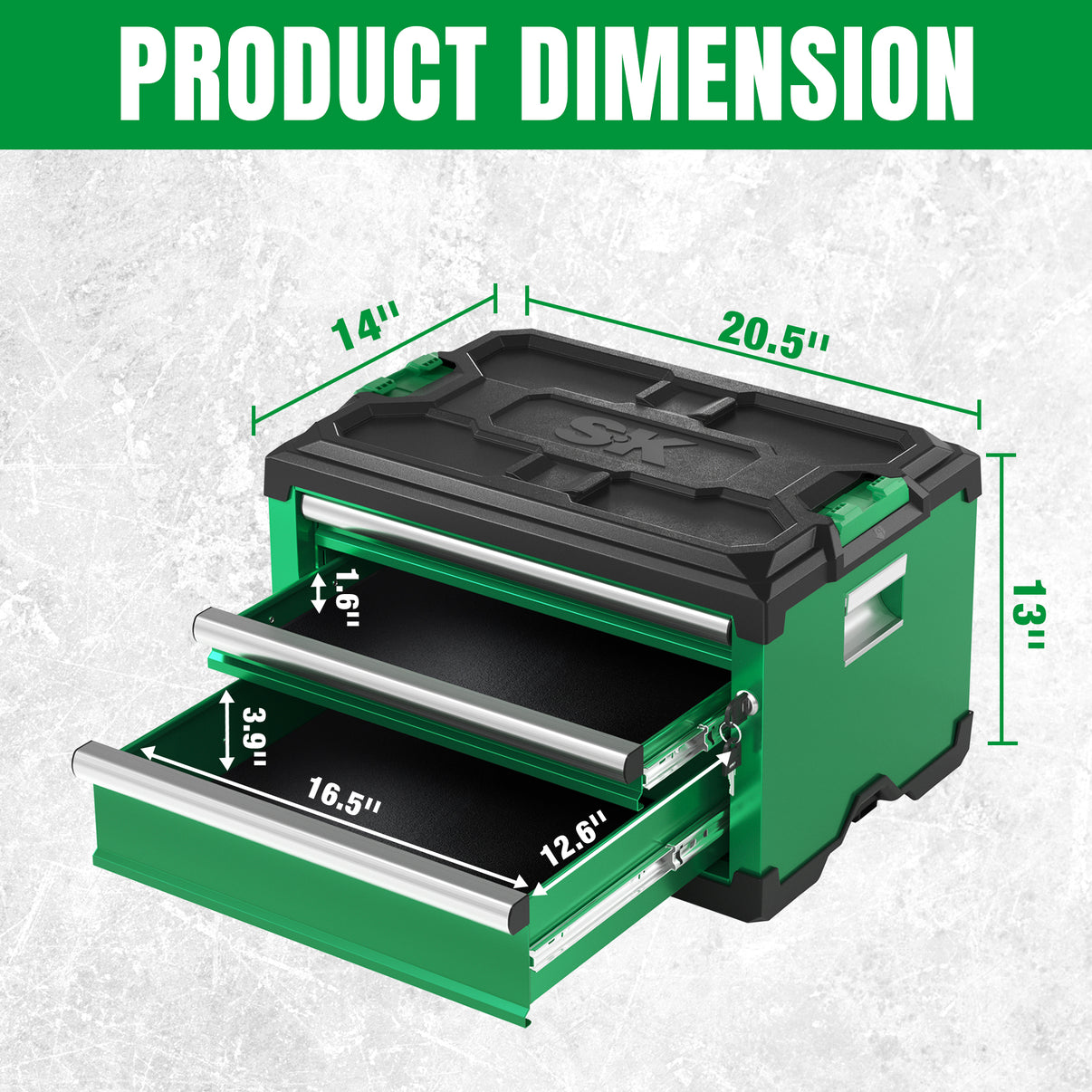 Modular Stackable Storage Toolbox by SK Tools USA, LLC, green with 3 drawers: 2 shallow and 1 deep.