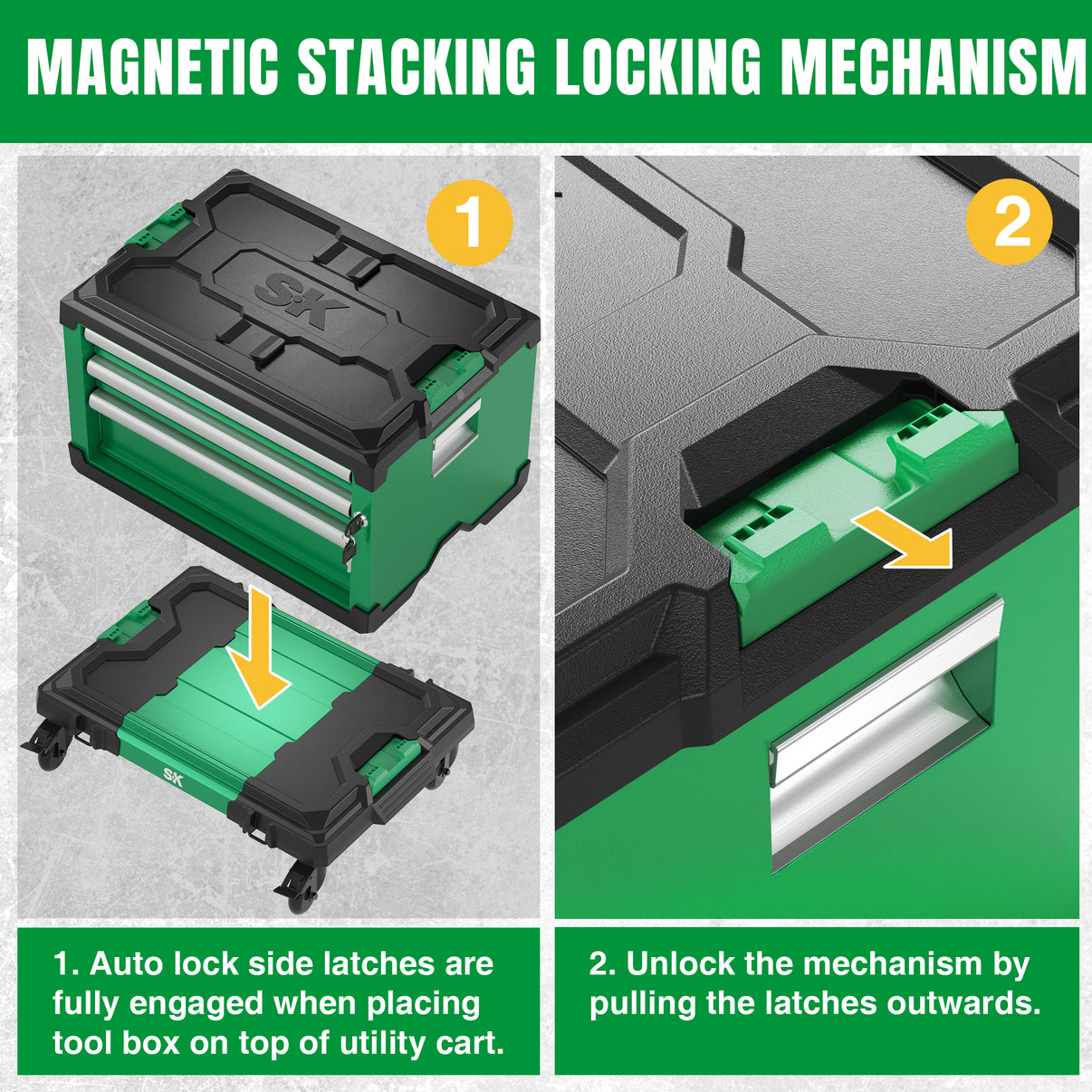 SK Tools USA modular stackable storage toolbox in green with 3 drawers: 2 shallow and 1 deep, featuring magnetic locking mechanism