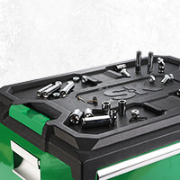 Modular Stackable Storage Toolbox by SK Tools USA, LLC in green with 3 drawers: 2 shallow and 1 deep