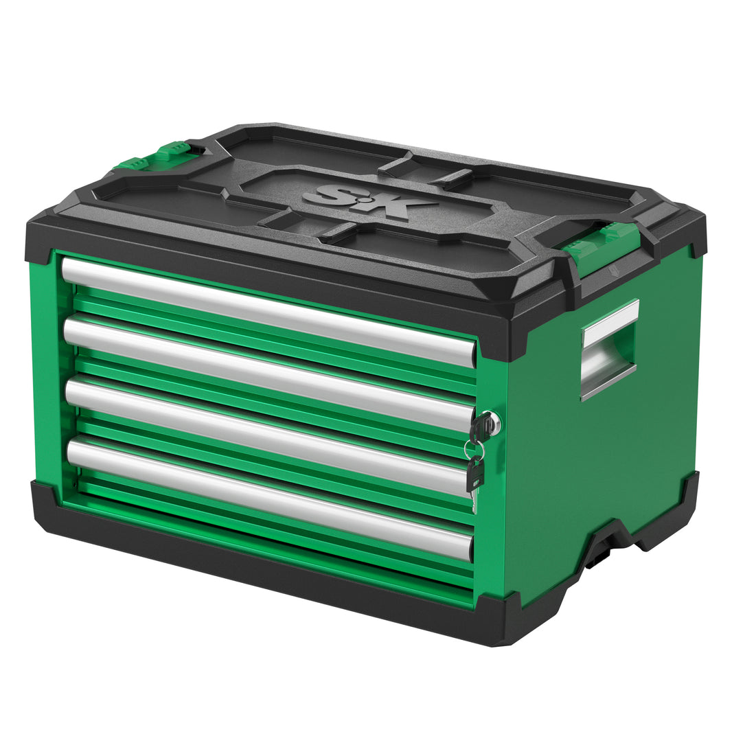 Modular stackable storage toolbox by SK Tools USA, LLC with four silver drawers and a green plastic exterior