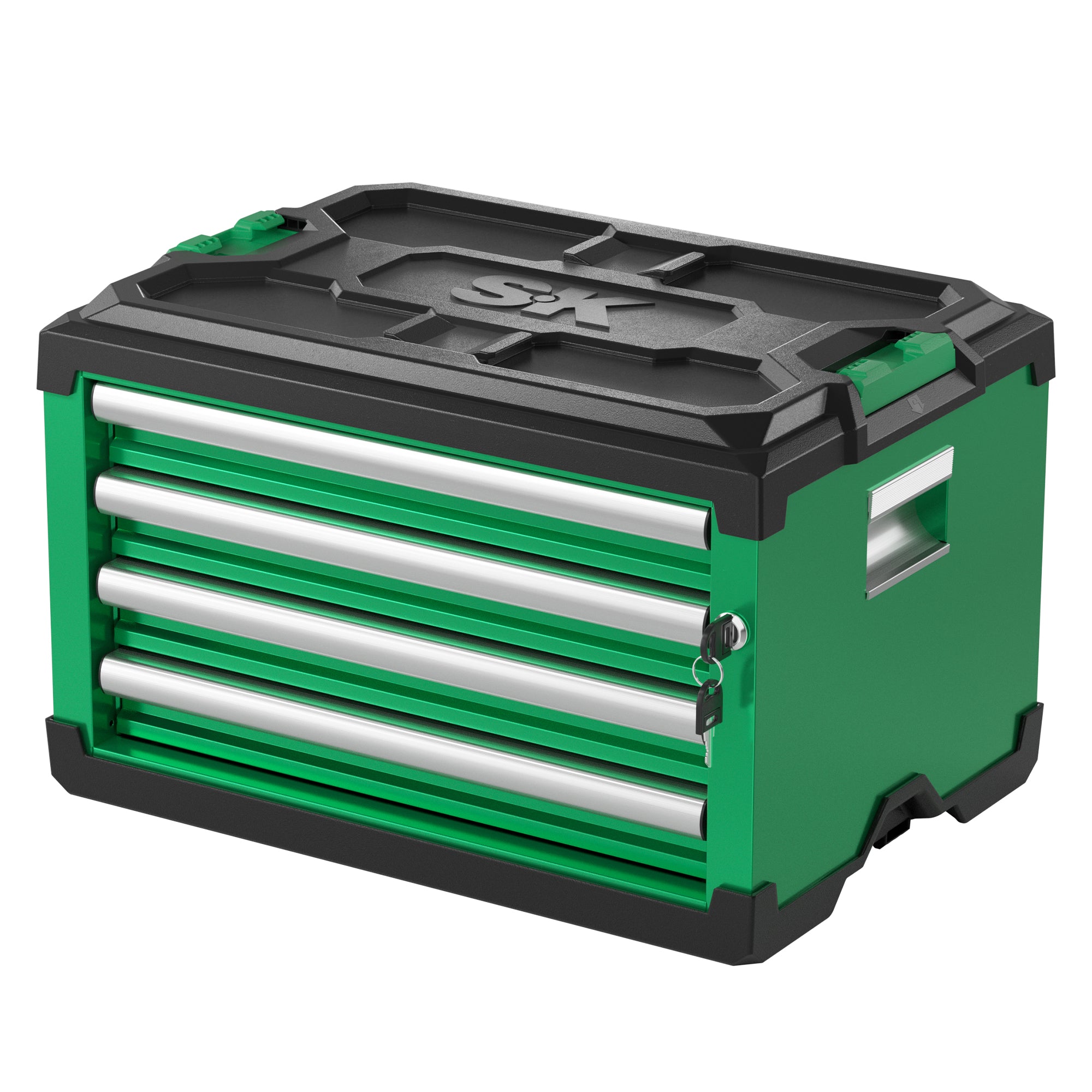 Modular stackable storage toolbox by SK Tools USA, LLC with four silver drawers and a green plastic exterior