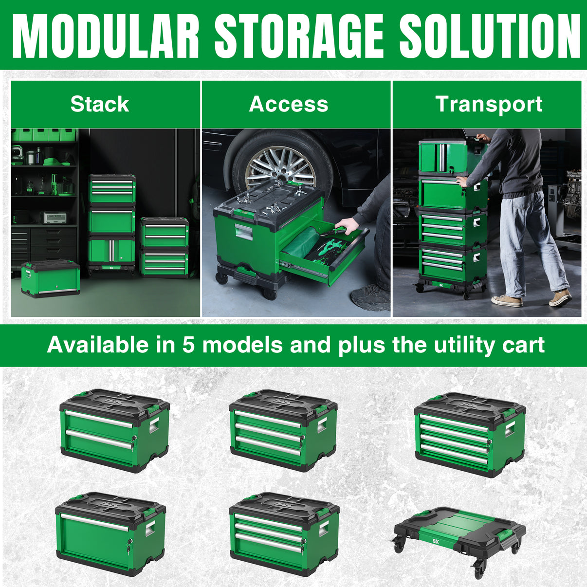 Modular Stackable Storage Toolbox by SK Tools USA, LLC, green with four drawers for organized storage solutions