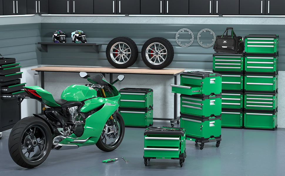 Green SK Tools USA modular stackable storage toolbox with 4 drawers for organized tool storage