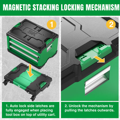 Green SK Tools USA Multi-Purpose Utility Cart with magnetic stacking locking mechanism and auto lock side latches
