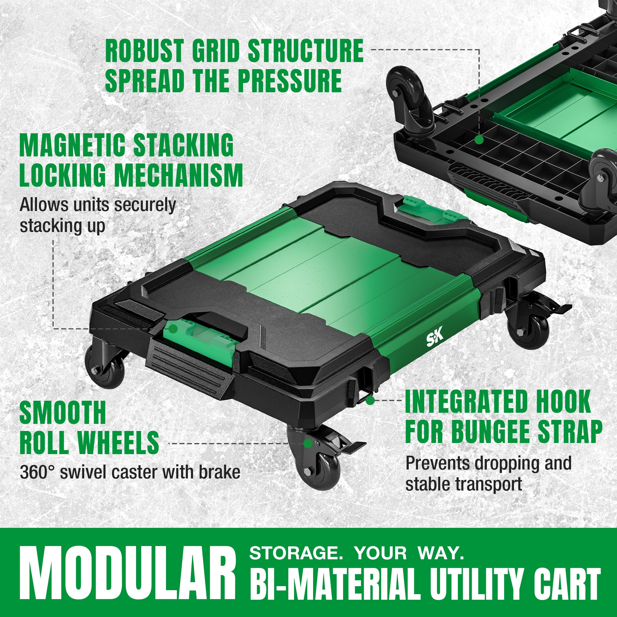 Modular SK Tools USA multi-purpose utility cart in green and black with smooth roll wheels and locking mechanism