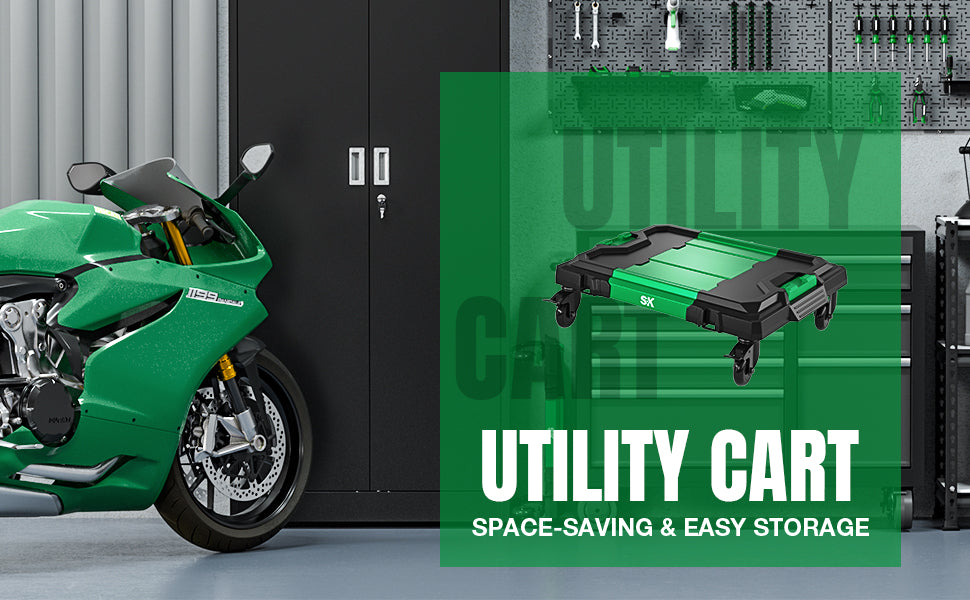 Green SK Tools USA Multi-Purpose Utility Cart with wheels for easy mobility and storage in garage or workshop