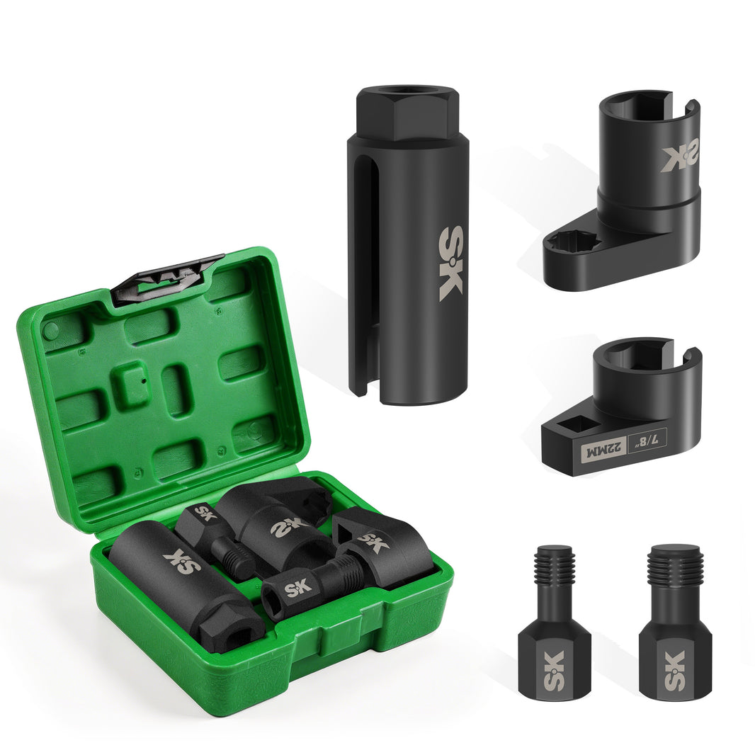 5 Piece O2 Oxygen Sensor Socket Set by SK Tools USA in a green storage case with various socket sizes