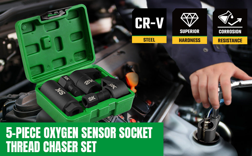 5 Piece O2 Oxygen Sensor Socket Set by SK Tools USA in green case with corrosion resistance and superior hardness features