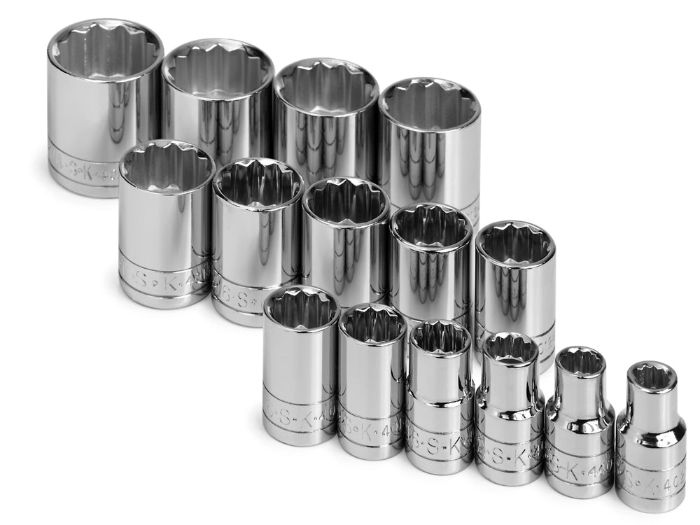 15 Piece 1/2" Drive 12 Pt Standard Fractional Chrome Socket Set