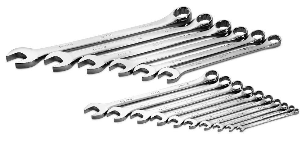 16 Piece 12 Point Fractional Long Combination Chrome Wrench Set