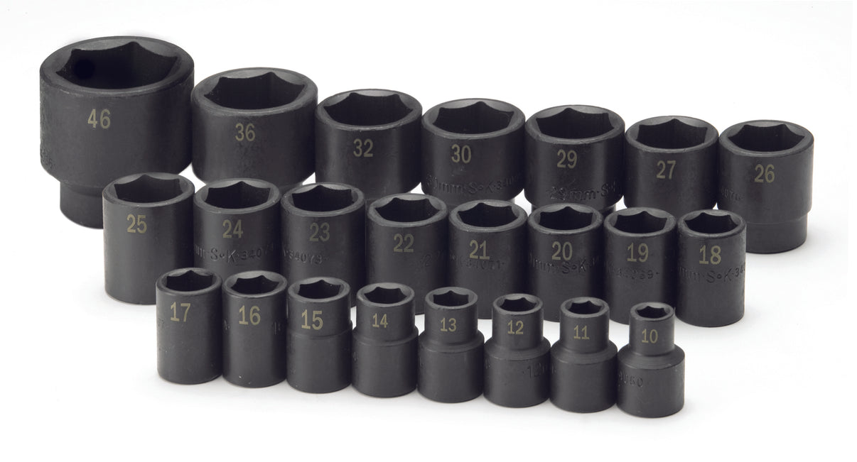 23 Piece 1/2" Drive 6 Point Standard Metric Impact Socket Set