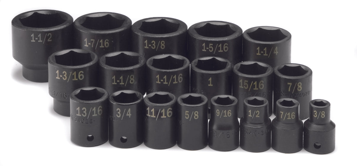 19 Piece 1/2" Drive 6 Pt Fractional Standard Impact Socket Set