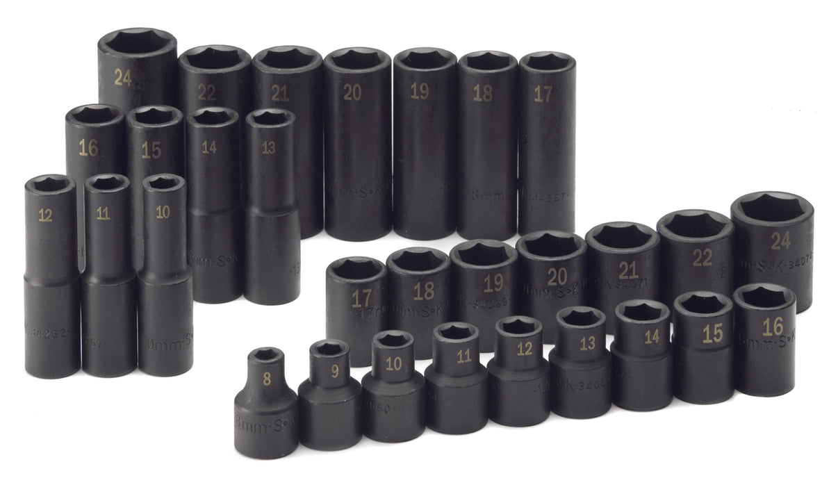 30 Piece 1/2" Drive 6 Pt Metric Std and Deep Impact Socket Set