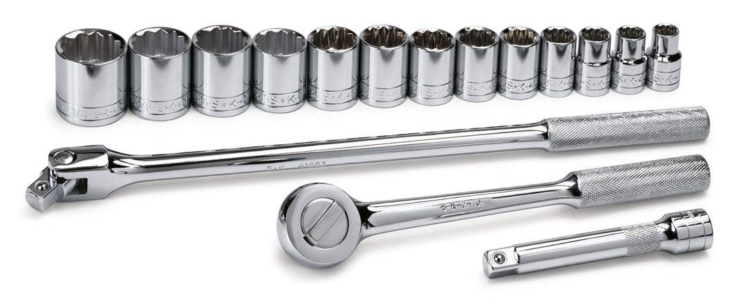 16 Piece 1/2" Drive 12 Pt Standard Fractional Chrome Socket Set