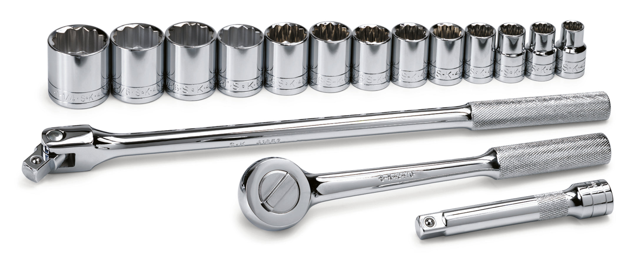 16 Piece 1/2" Drive 12 Pt Standard Fractional Chrome Socket Set