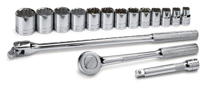 16 Piece 1/2" Drive 12 Pt Standard Fractional Chrome Socket Set